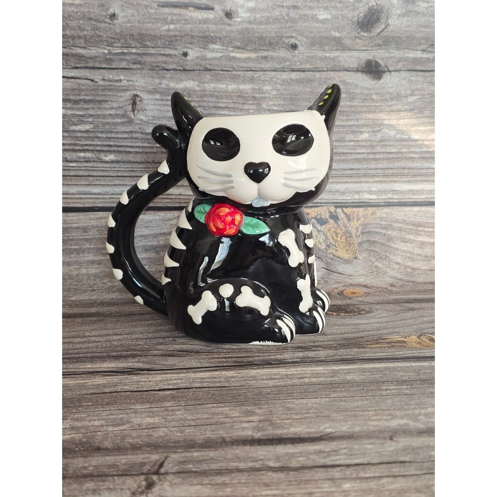 Skeleton Cat Mug Day of the Dead Halloween Ceramic Cup Black Cracker Barreĺ